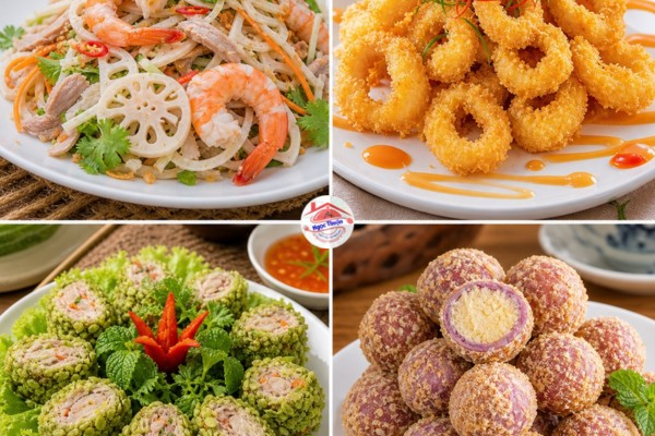 Bốn món ngon đãi tiệc khai vị gồm gỏi ngó sen, mực chiên, đồ cuộn và bánh rán. Bốn món ngon đãi tiệc khai vị gồm gỏi ngó sen, mực chiên, đồ cuộn và bánh rán.