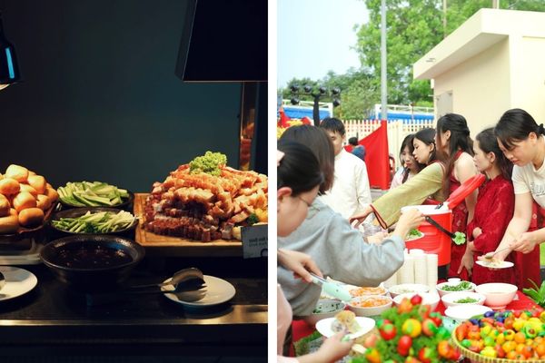 Quầy line buffet, dụng cụ ra món và ăn uống cao cấp.