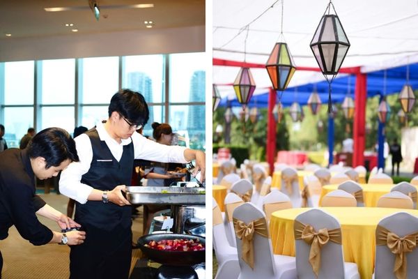 Đầu bếp ra món, nhân viên phục vụ.