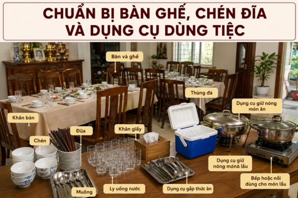 Chuẩn bị bàn ghế, chén đĩa và dụng cụ dùng tiệc