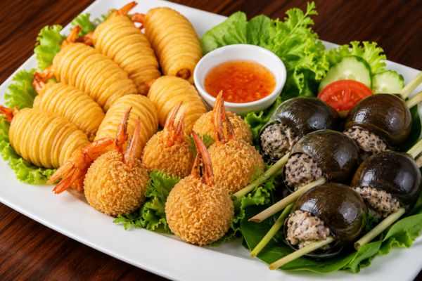 Tôm cuộn khoai tây + Càng cua bách hoa + Ốc bươu nhồi thịt Tôm cuộn khoai tây + Càng cua bách hoa + Ốc bươu nhồi thịt