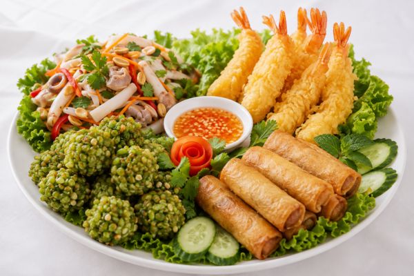 Chả giò sò điệp + Gỏi ngó sen lưỡi bao tử + Chả mực lăn cốm + Tôm Tempura Chả giò sò điệp + Gỏi ngó sen lưỡi bao tử + Chả mực lăn cốm + Tôm Tempura